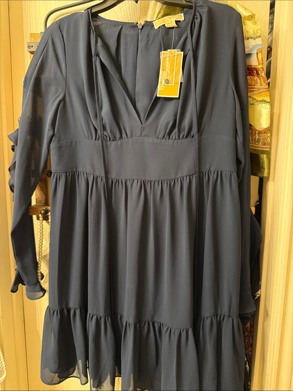 Michael Kors Navy Blue Long Sleeve Tiered V-Neck Dress